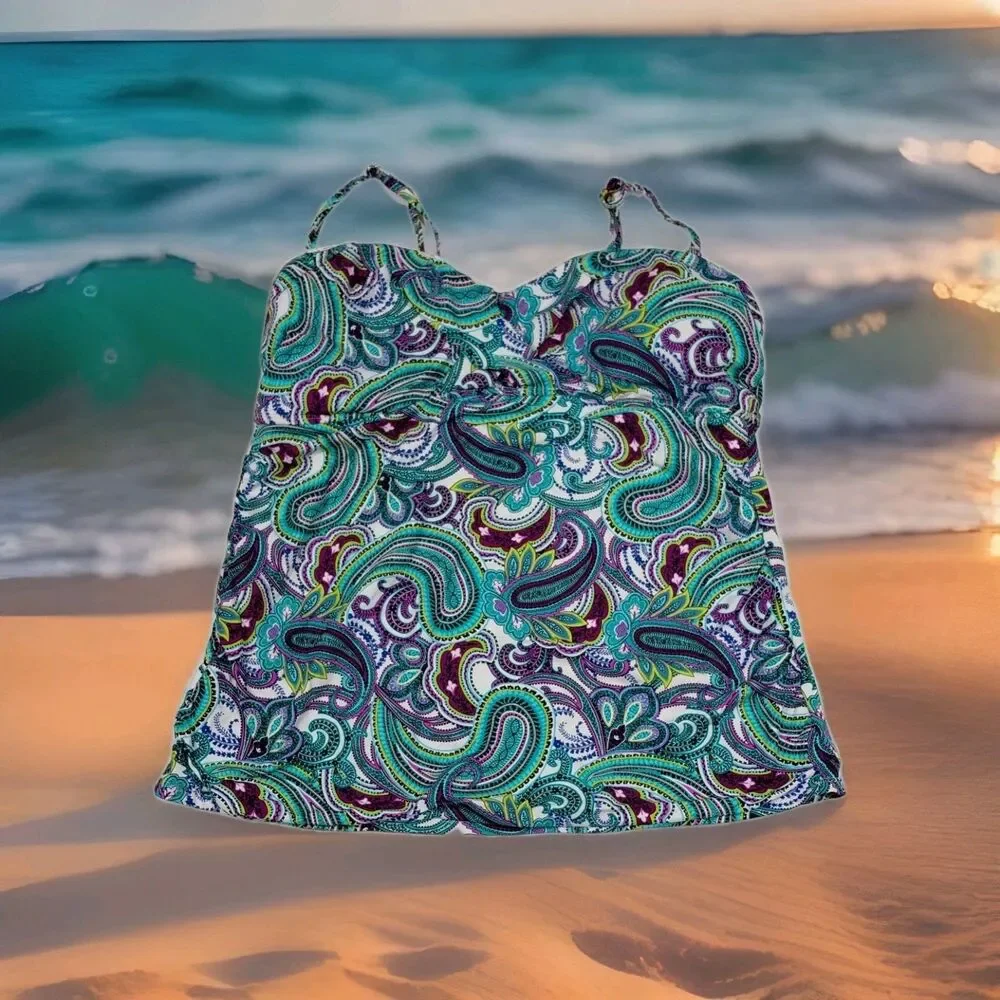 Anne Cole Collection 1 Piece Swimwear Tankini Blue Paisley Adjustable Strap 16